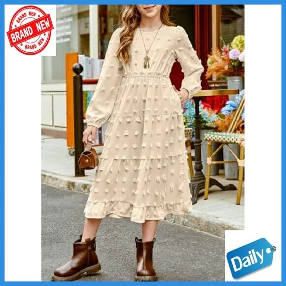 Girls Long Sleeve Maxi Dress with Pockets Polka Dot Tiered Hem 6-15Y